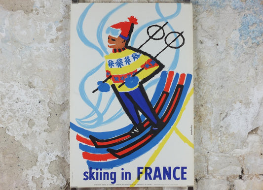 1959 Skiing in France Poster, Skier glides down a powdery white mountain, by Constantin, travel wall art decor