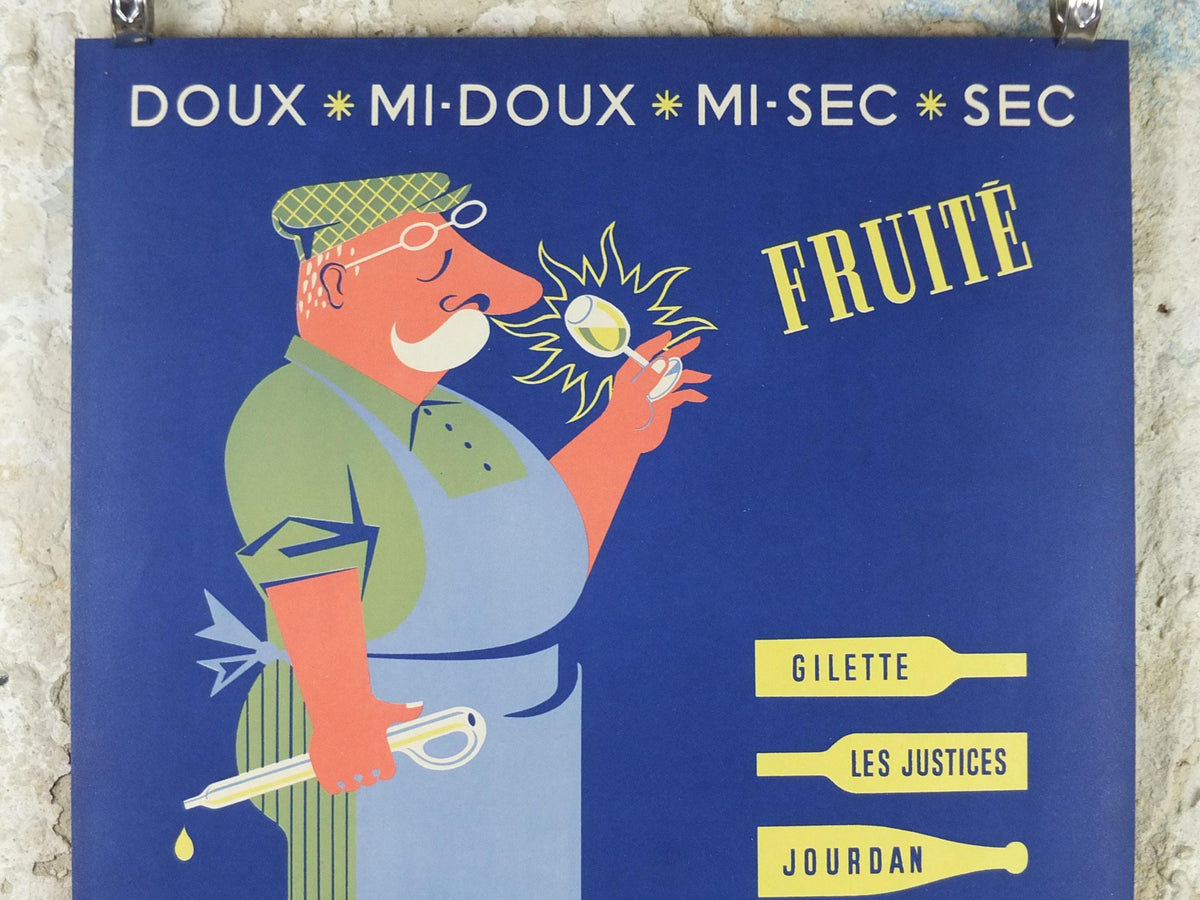 1950s French Wine Poster, Productions René Médeville, by Alain Bourdier, wine tasting, deep blue viticulture kitchenalia wall art decor