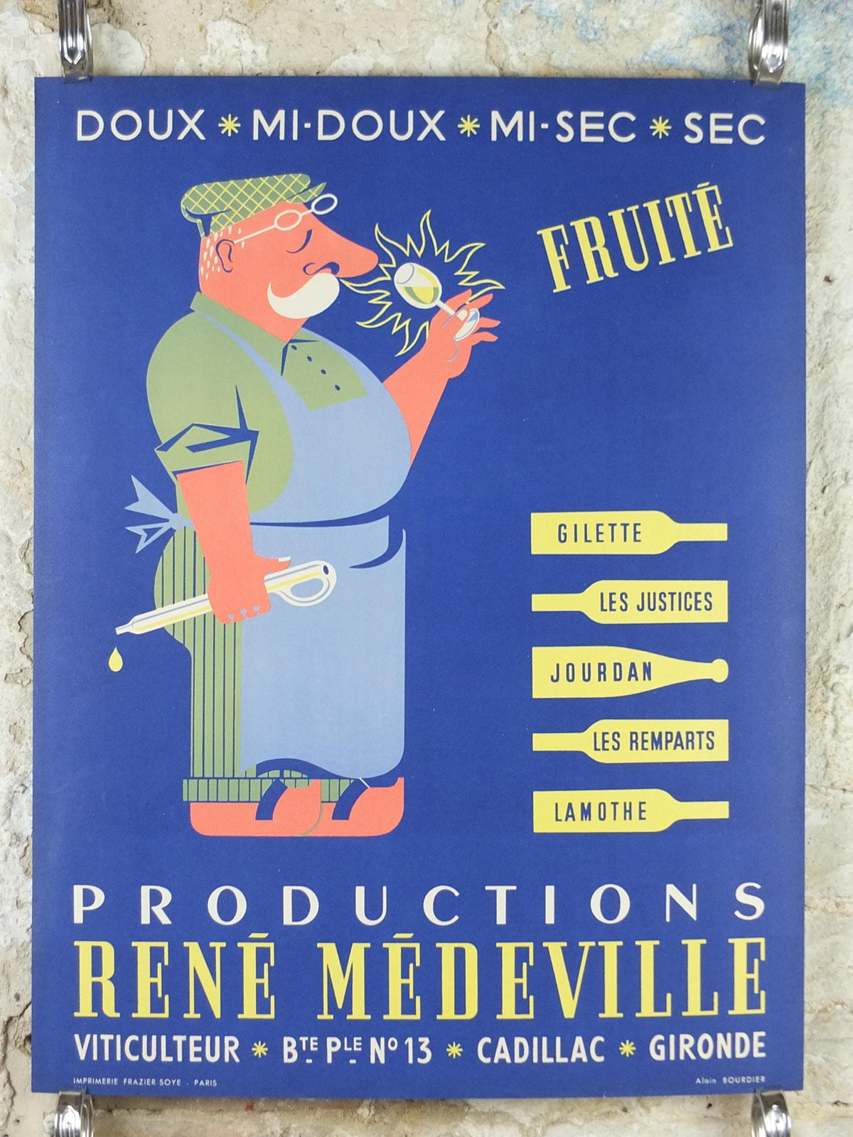 1950s French Wine Poster, Productions René Médeville, by Alain Bourdier, wine tasting, deep blue viticulture kitchenalia wall art decor