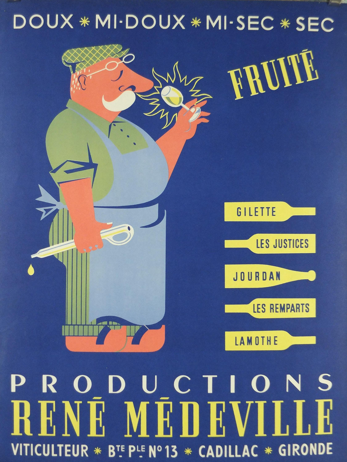1950s French Wine Poster, Productions René Médeville, by Alain Bourdier, wine tasting, deep blue viticulture kitchenalia wall art decor