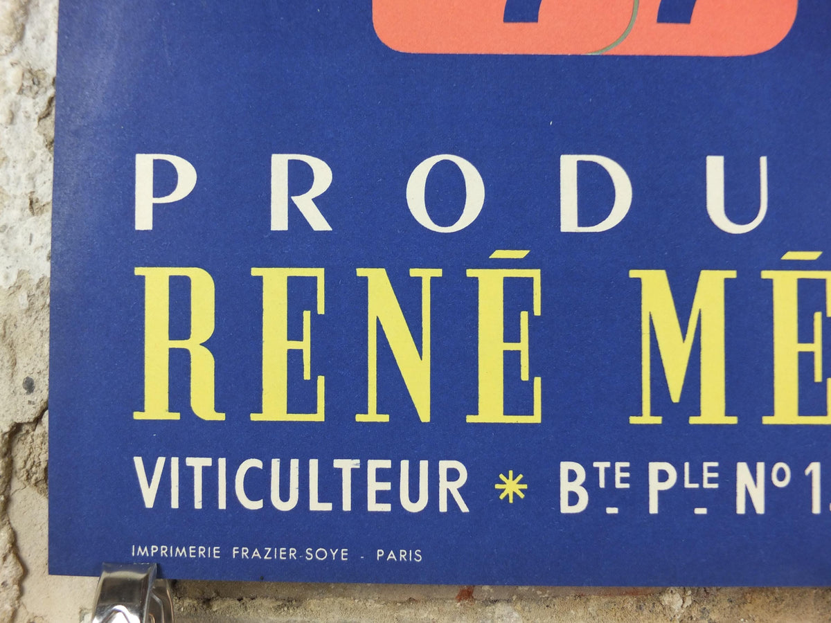 1950s French Wine Poster, Productions René Médeville, by Alain Bourdier, wine tasting, deep blue viticulture kitchenalia wall art decor