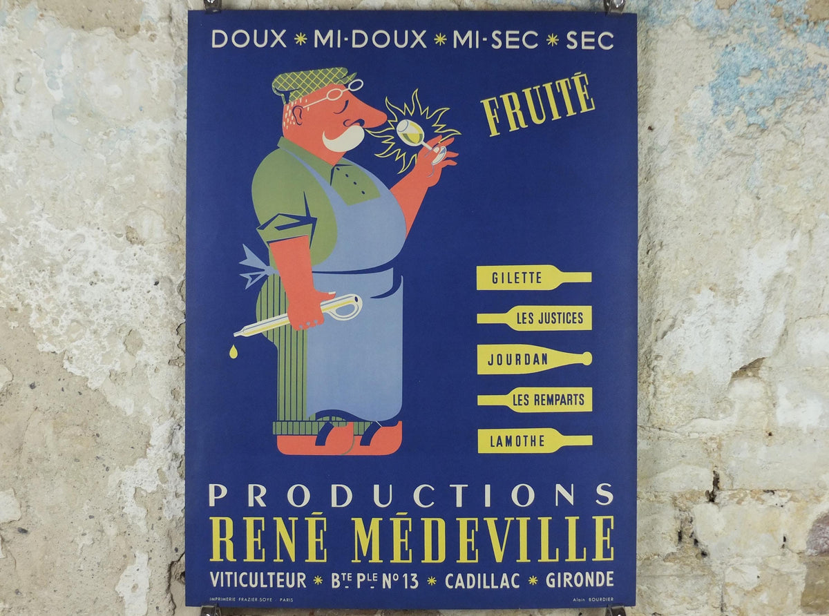 1950s French Wine Poster, Productions René Médeville, by Alain Bourdier, wine tasting, deep blue viticulture kitchenalia wall art decor
