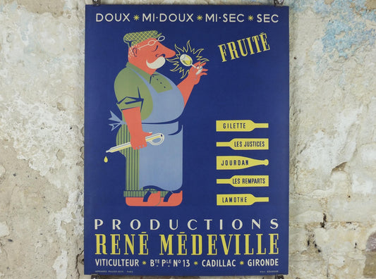 1950s French Wine Poster, Productions René Médeville, by Alain Bourdier, wine tasting, deep blue viticulture kitchenalia wall art decor