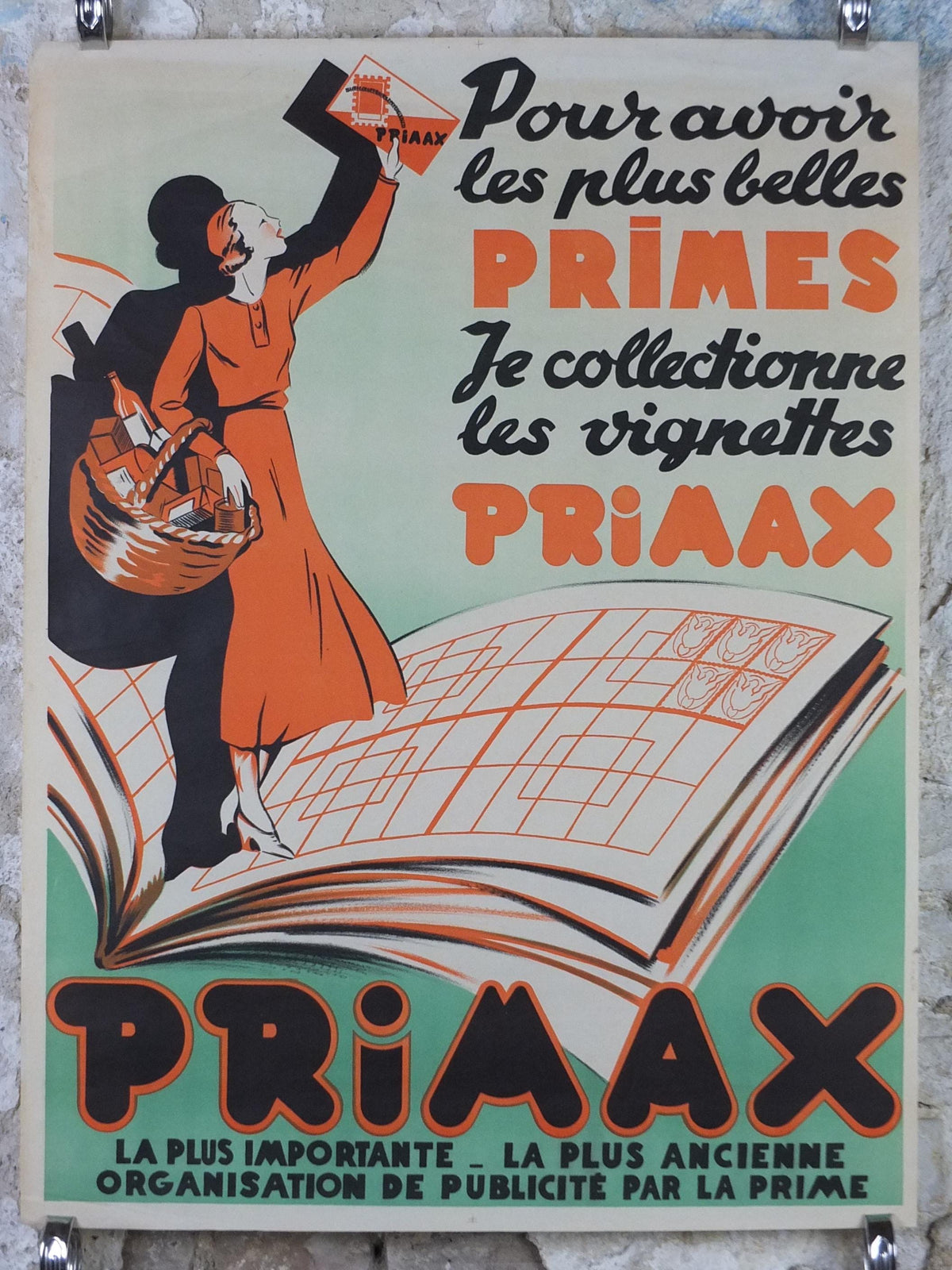 1930s French Art Deco Poster, Elegant lady dressed in orange with shopping basket waving her Primax, advertising wall art decor