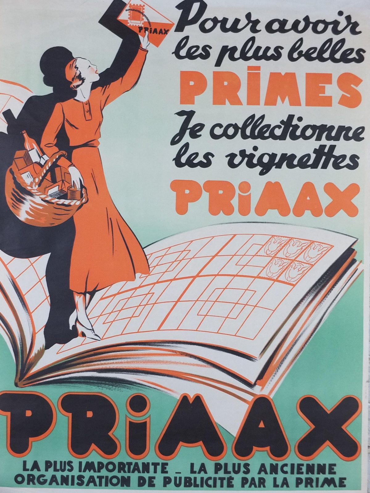 French Art Deco Poster, Elegant lady dressed in orange with shopping basket waving her Primax, Mid century advertising wall art decor