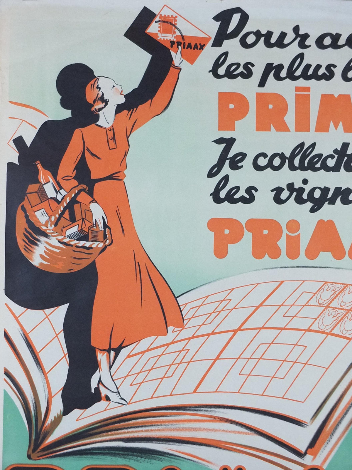 French Art Deco Poster, Elegant lady dressed in orange with shopping basket waving her Primax, Mid century advertising wall art decor