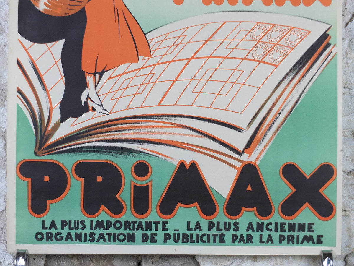 French Art Deco Poster, Elegant lady dressed in orange with shopping basket waving her Primax, Mid century advertising wall art decor