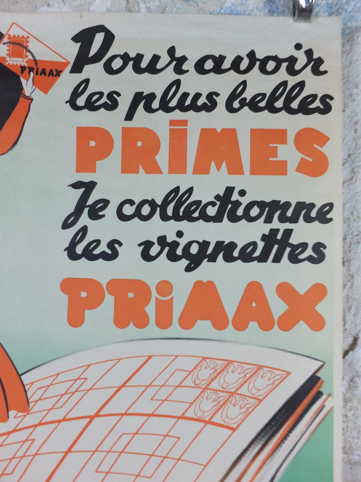 French Art Deco Poster, Elegant lady dressed in orange with shopping basket waving her Primax, Mid century advertising wall art decor
