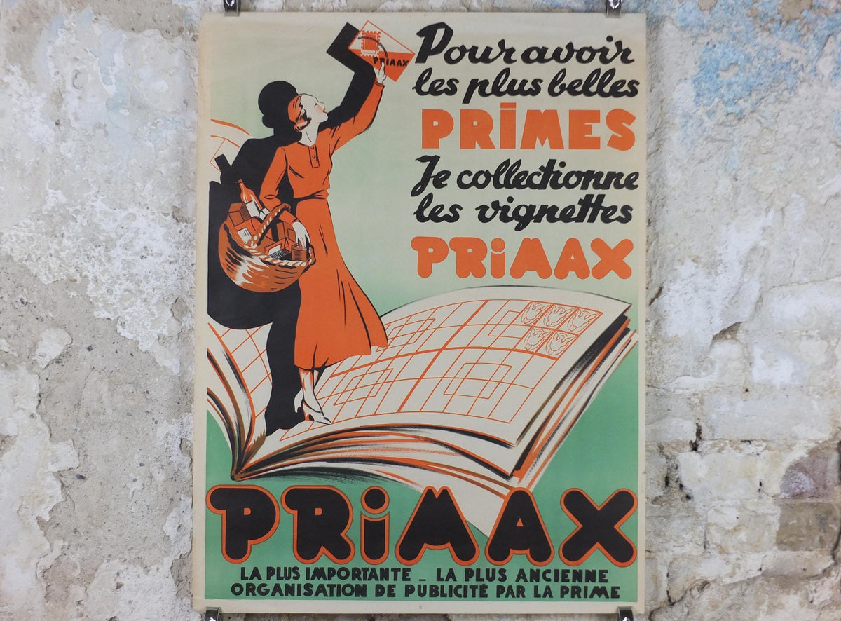 French Art Deco Poster, Elegant lady dressed in orange with shopping basket waving her Primax, Mid century advertising wall art decor