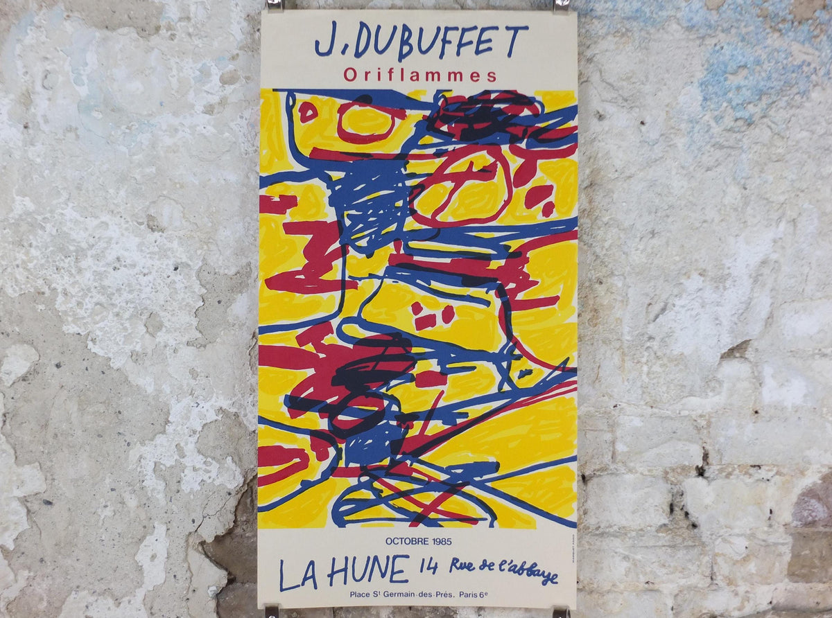 1985 Jean Dubuffet Poster, Oriflammes, Art Brut, raw art, La Hune, Paris, artist gallery exhibition wall art decor