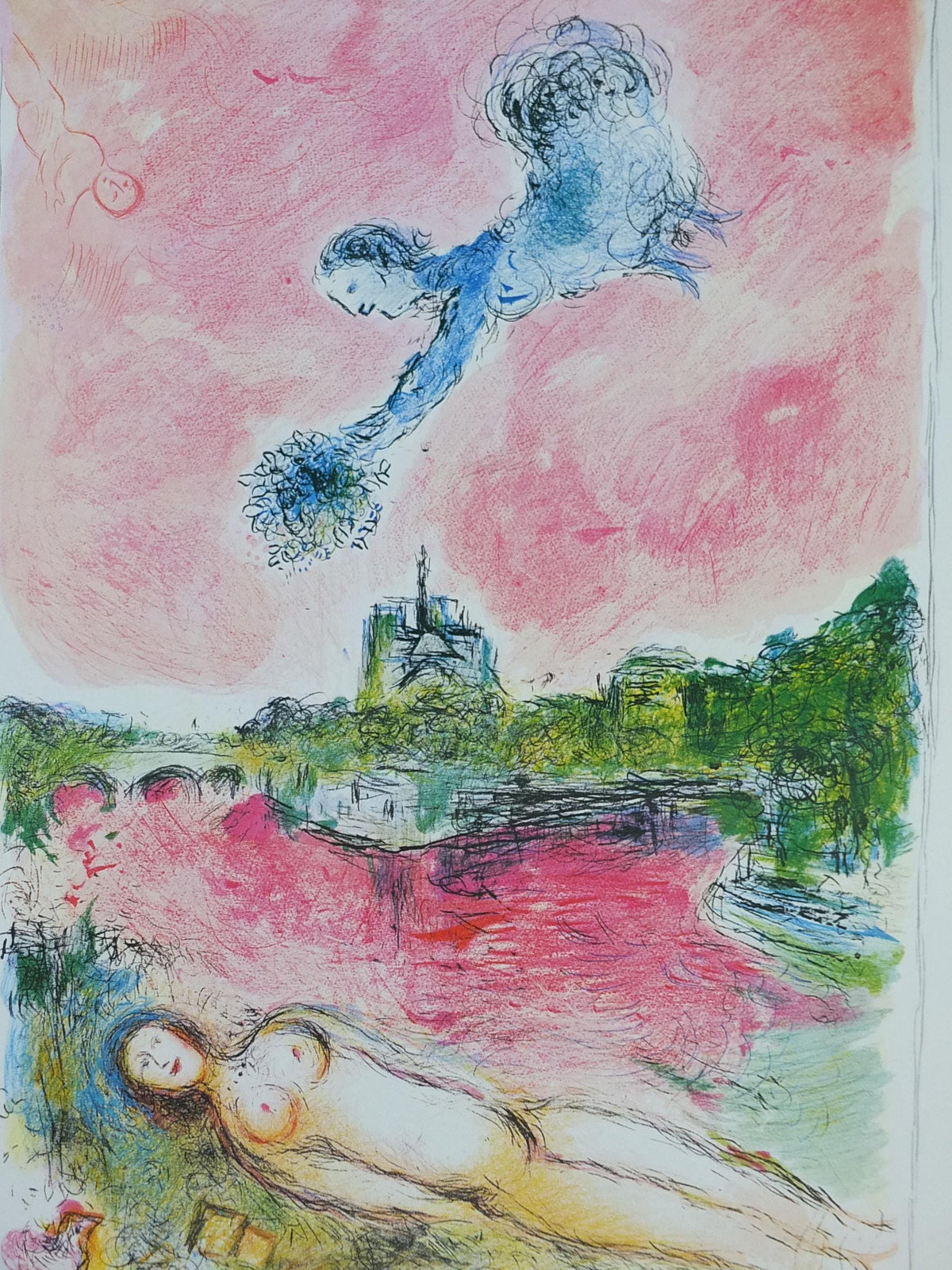 1981 Marc Chagall Poster, Pink Opera 1925, View of Notre Dame, Paris, Cubism and Expressionism, gallery exhibition, wall art decor