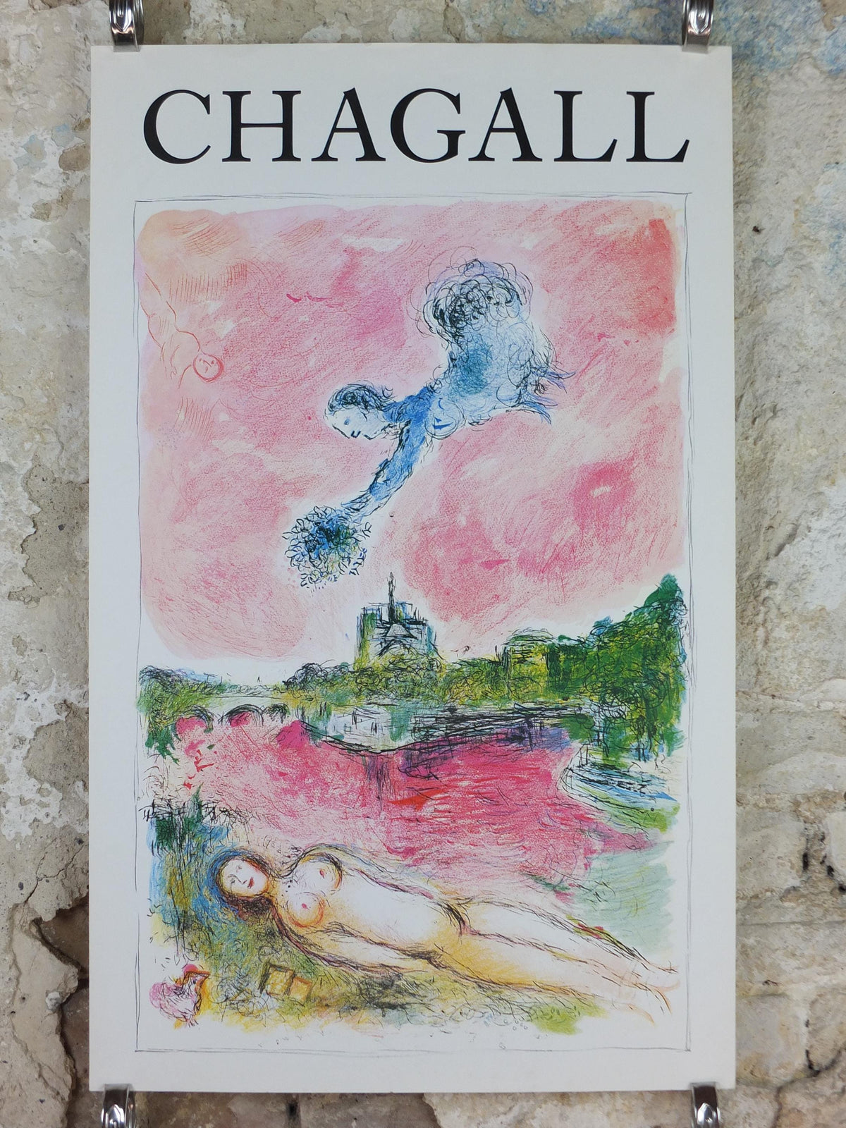 1981 Marc Chagall Poster, Pink Opera 1925, View of Notre Dame, Paris, Cubism and Expressionism, gallery exhibition, wall art decor