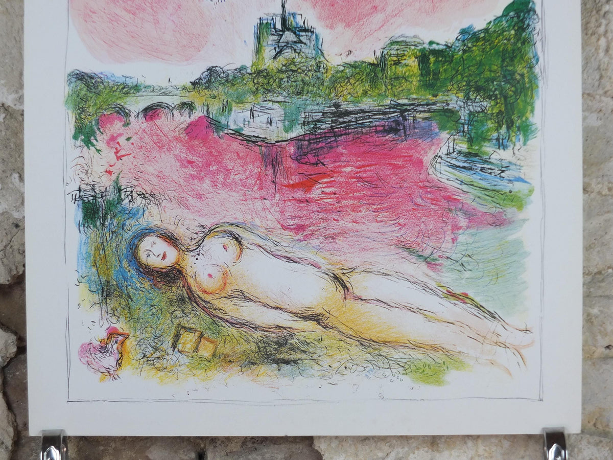 1981 Marc Chagall Poster, Pink Opera 1925, View of Notre Dame, Paris, Cubism and Expressionism, gallery exhibition, wall art decor