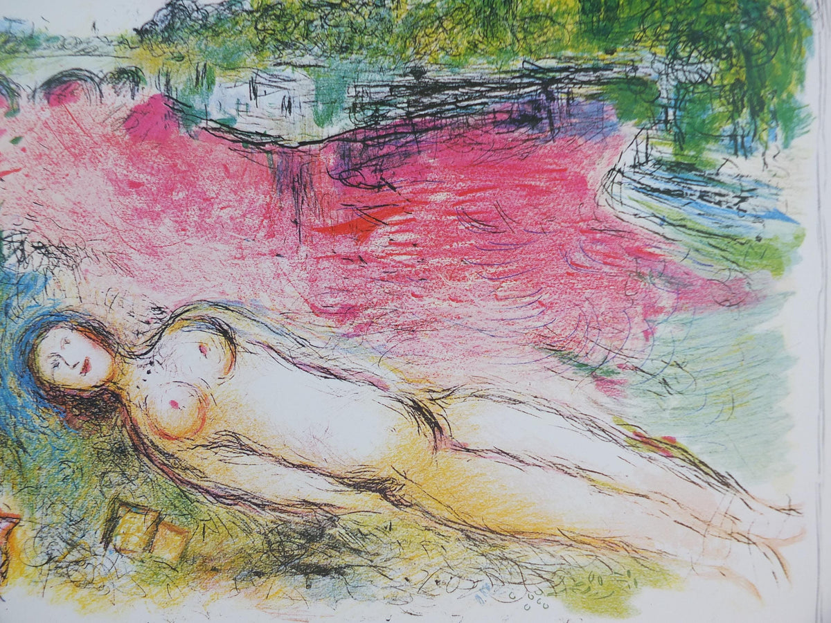 1981 Marc Chagall Poster, Pink Opera 1925, View of Notre Dame, Paris, Cubism and Expressionism, gallery exhibition, wall art decor
