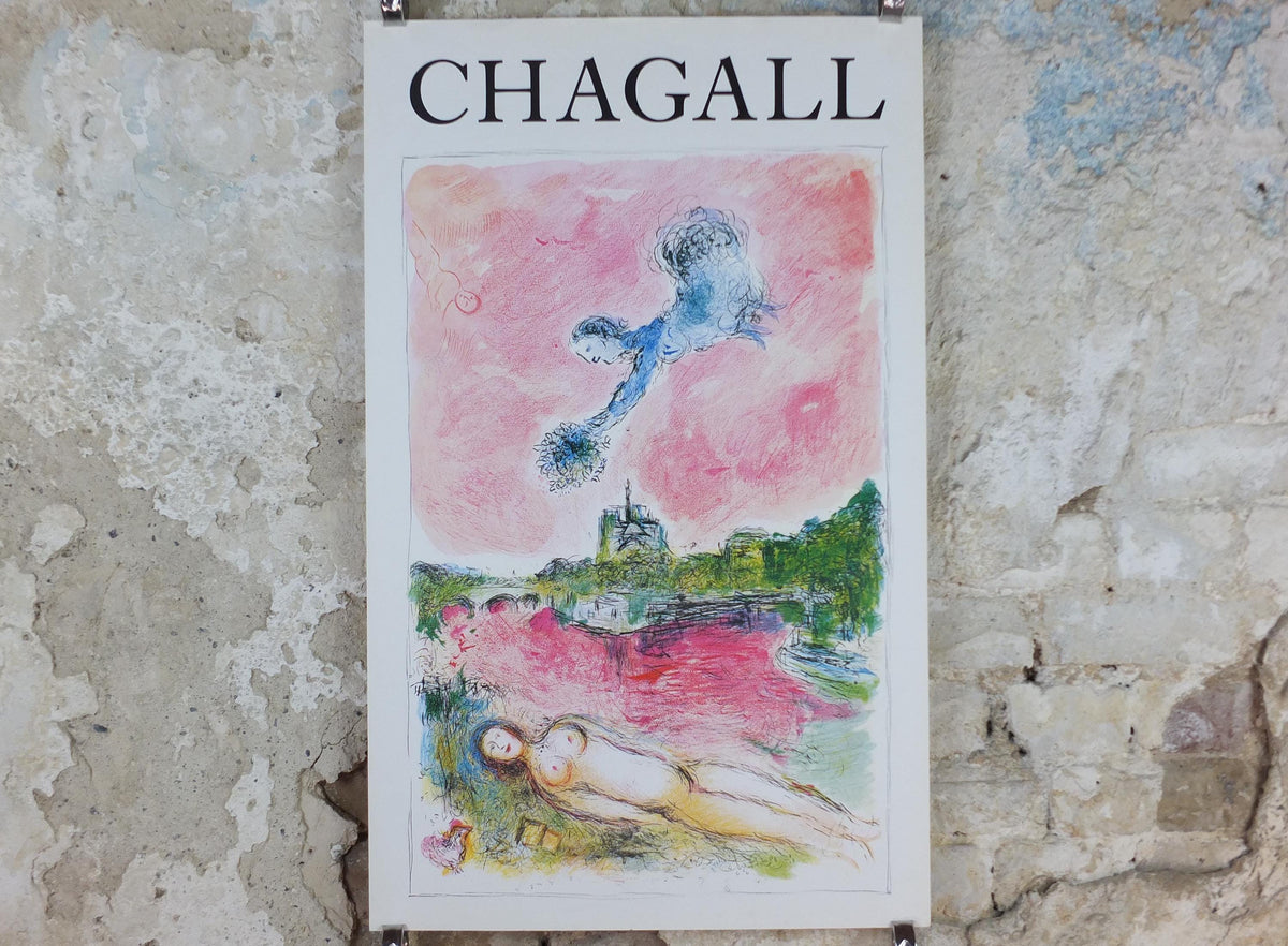 1981 Marc Chagall Poster, Pink Opera 1925, View of Notre Dame, Paris, Cubism and Expressionism, gallery exhibition, wall art decor