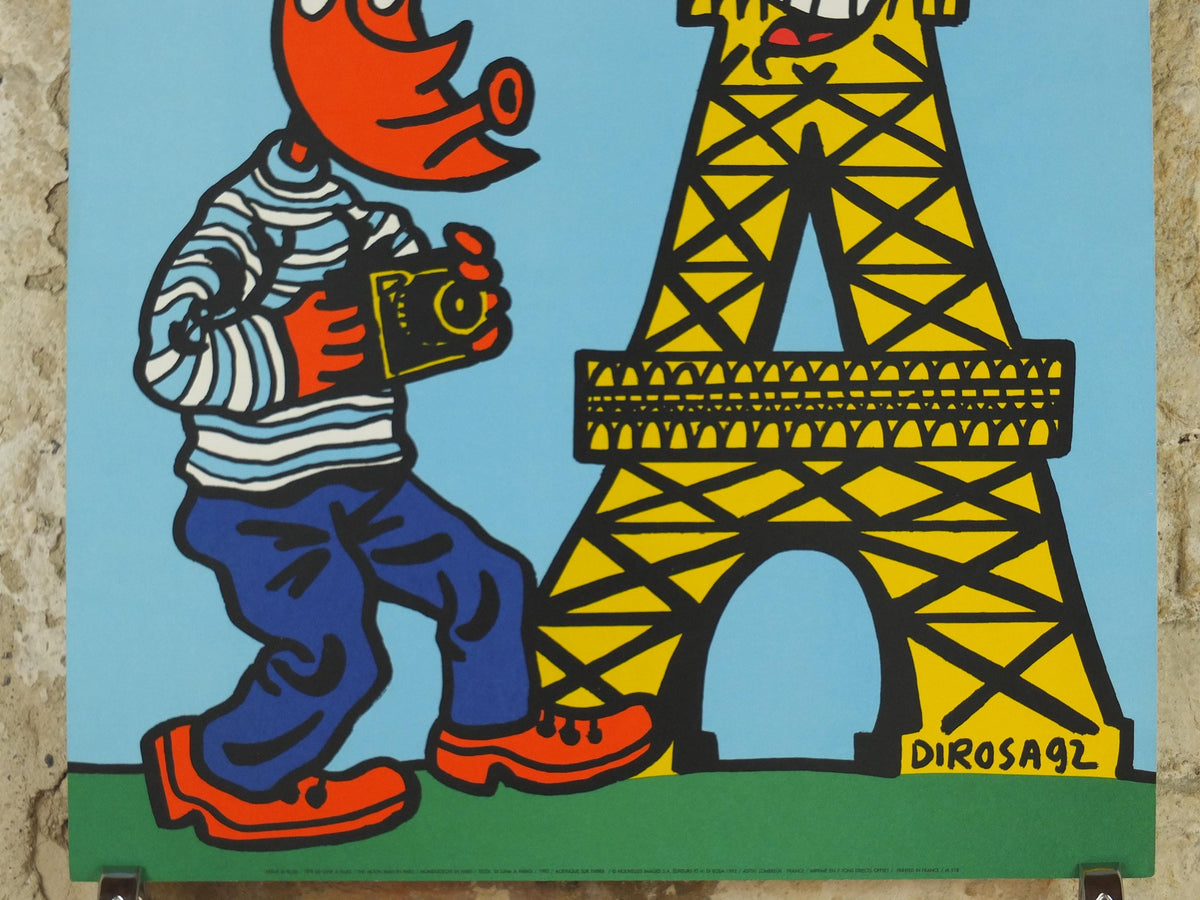 1992 Eiffel Tower Paris Poster, The Moon man in Paris by Hervé Di Rosa, Tete de lune a Paris, France wall art decor