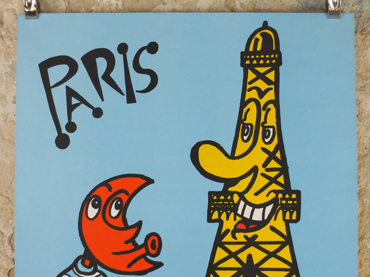 1992 Eiffel Tower Paris Poster, The Moon man in Paris by Hervé Di Rosa, Tete de lune a Paris, France wall art decor