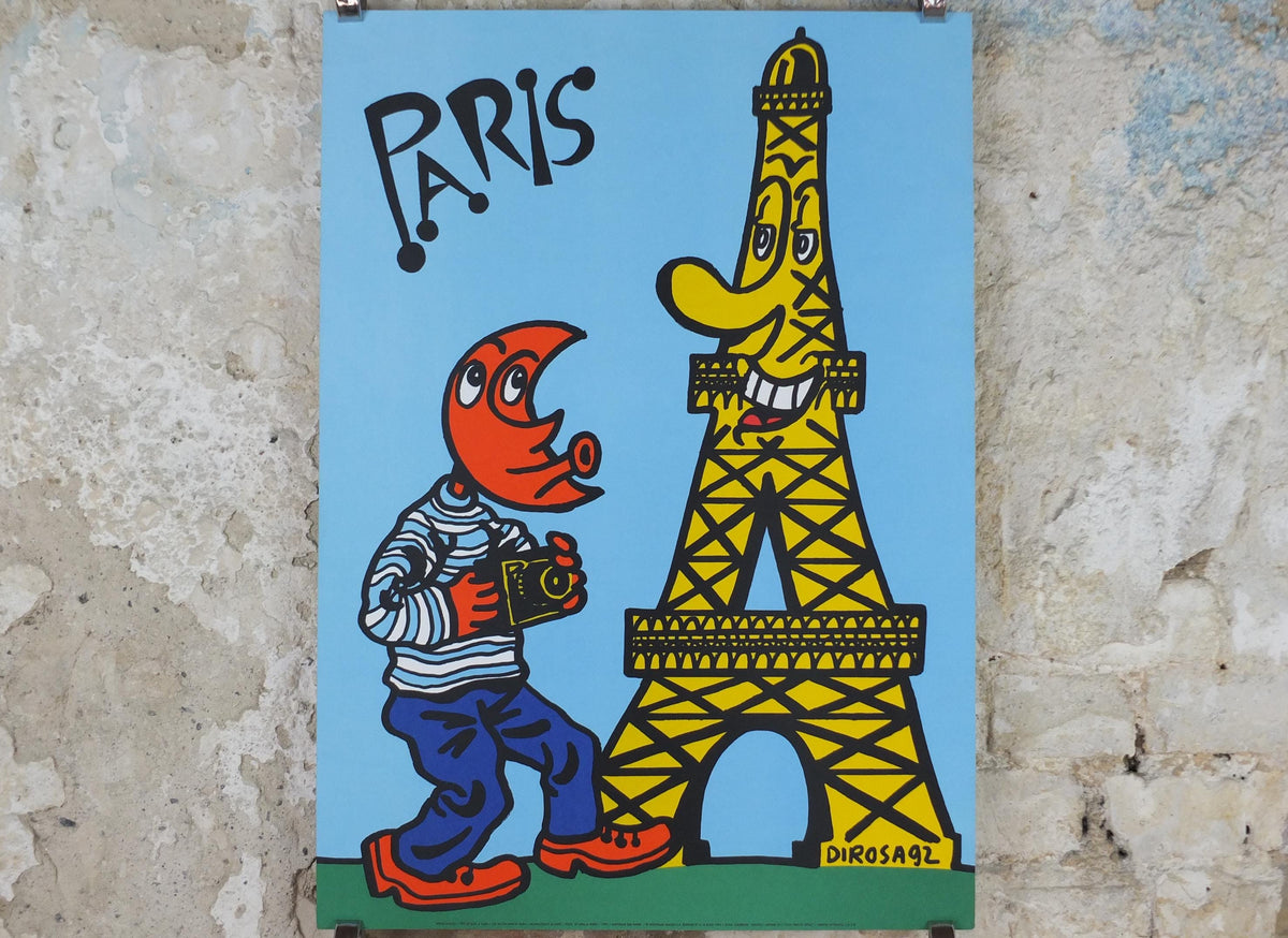 1992 Eiffel Tower Paris Poster, The Moon man in Paris by Hervé Di Rosa, Tete de lune a Paris, France wall art decor