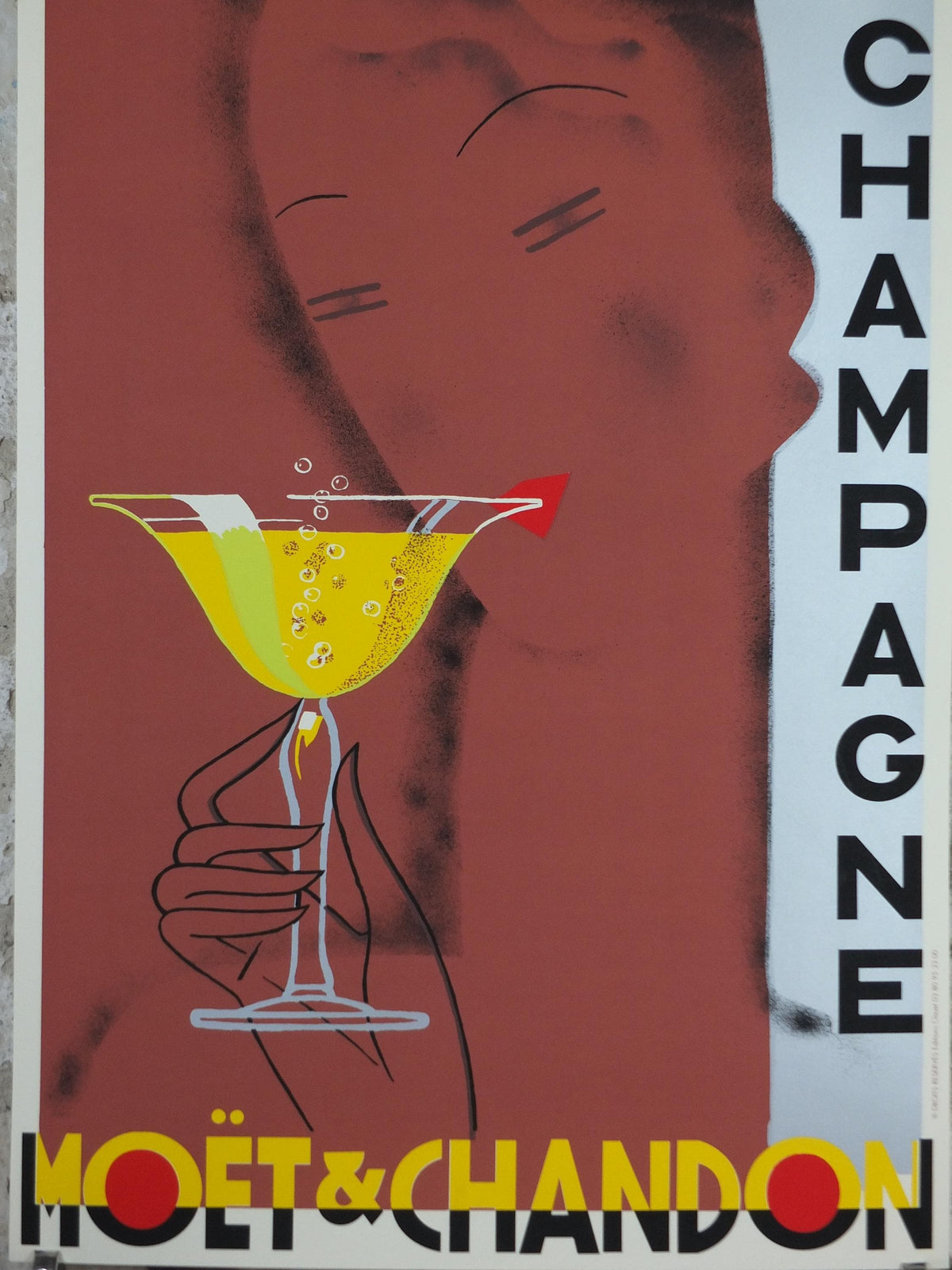 1990 Moet & Chandon Champagne Poster, Art Deco, sipping champagne, by Alexandre Chemetoff, Editions Clouet, advertising wall art decor