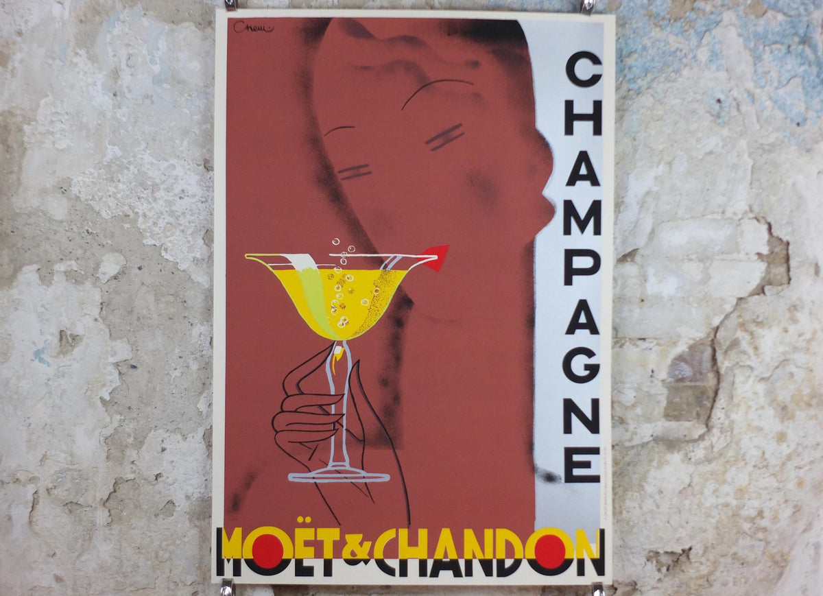 1990 Moet & Chandon Champagne Poster, Art Deco, sipping champagne, by Alexandre Chemetoff, Editions Clouet, advertising wall art decor
