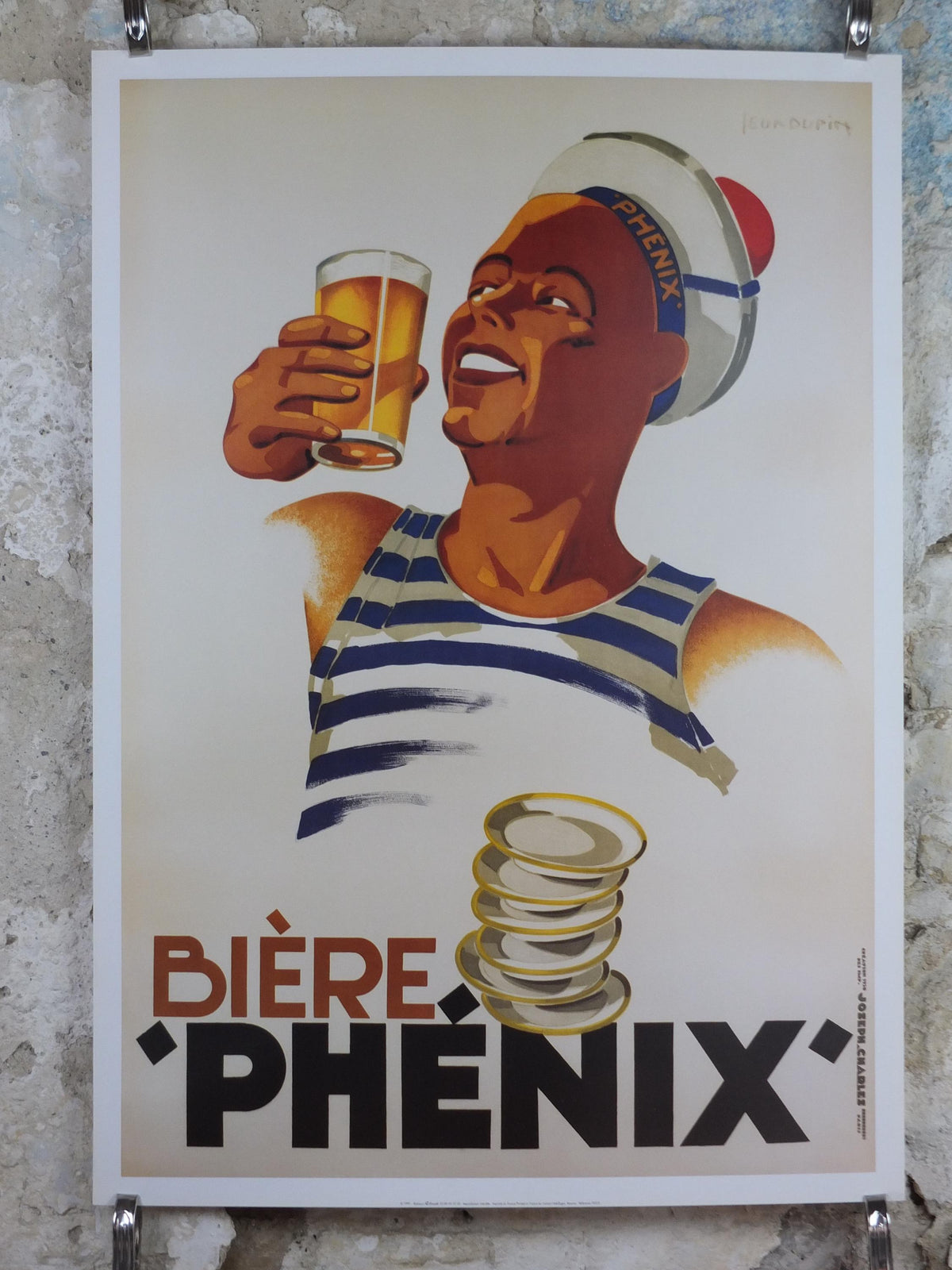1999 Biere Phenix Poster, Art Deco, smiling sailor with a beer, by Leon Dupin in 1930, Editions Clouet, advertising wall art decor