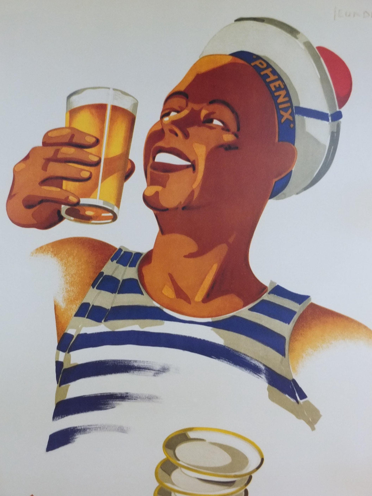1999 Biere Phenix Poster, Art Deco, smiling sailor with a beer, by Leon Dupin in 1930, Editions Clouet, advertising wall art decor