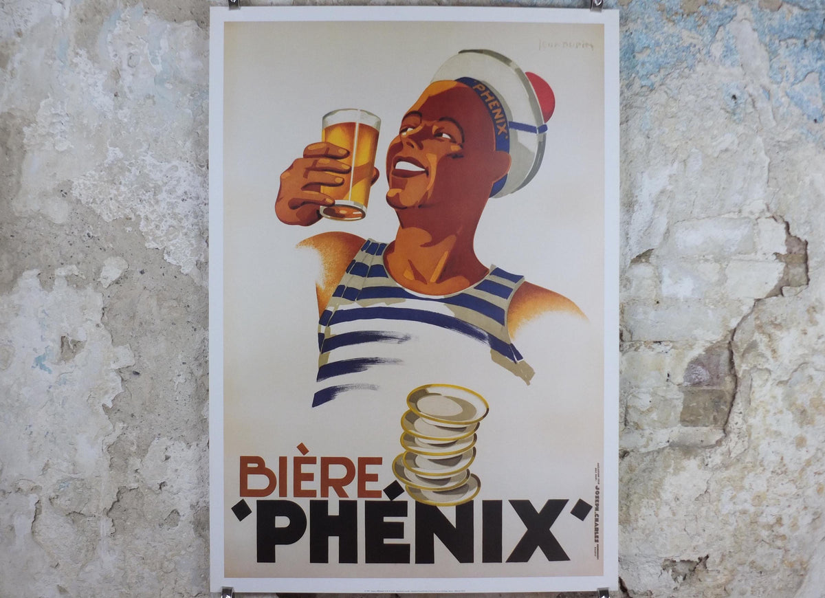 1999 Biere Phenix Poster, Art Deco, smiling sailor with a beer, by Leon Dupin in 1930, Editions Clouet, advertising wall art decor