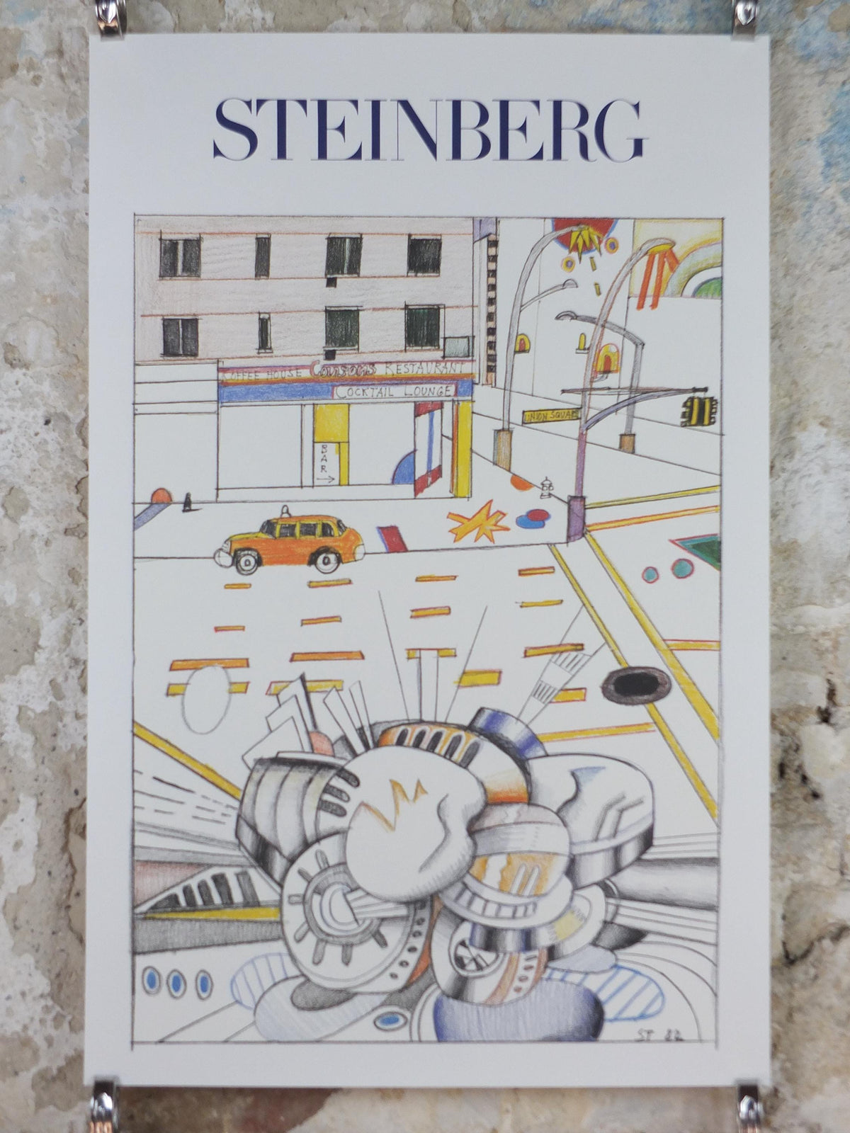 1982 Union Square Poster, New York Coffee House, Saul Steinberg, American conceptual artist, Galerie Adrien Maeght exhibition wall art decor