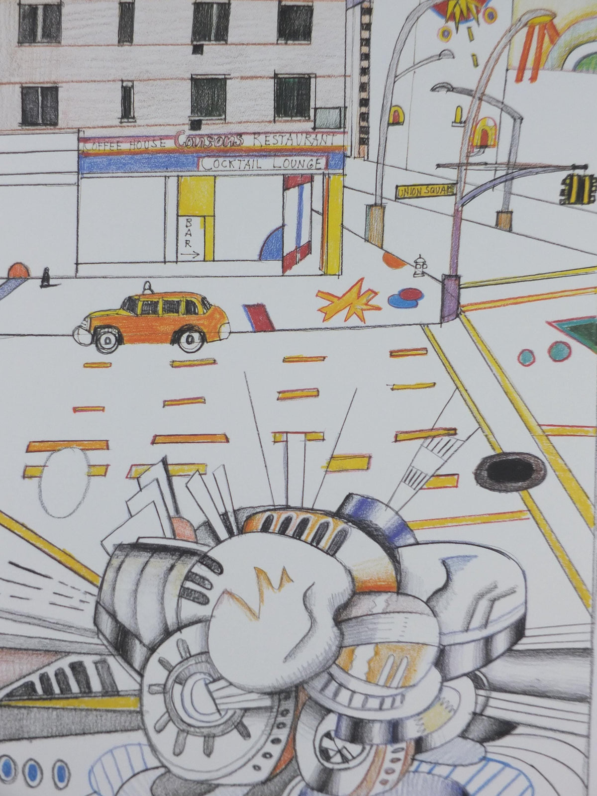 1982 Union Square Poster, New York Coffee House, Saul Steinberg, American conceptual artist, Galerie Adrien Maeght exhibition wall art decor