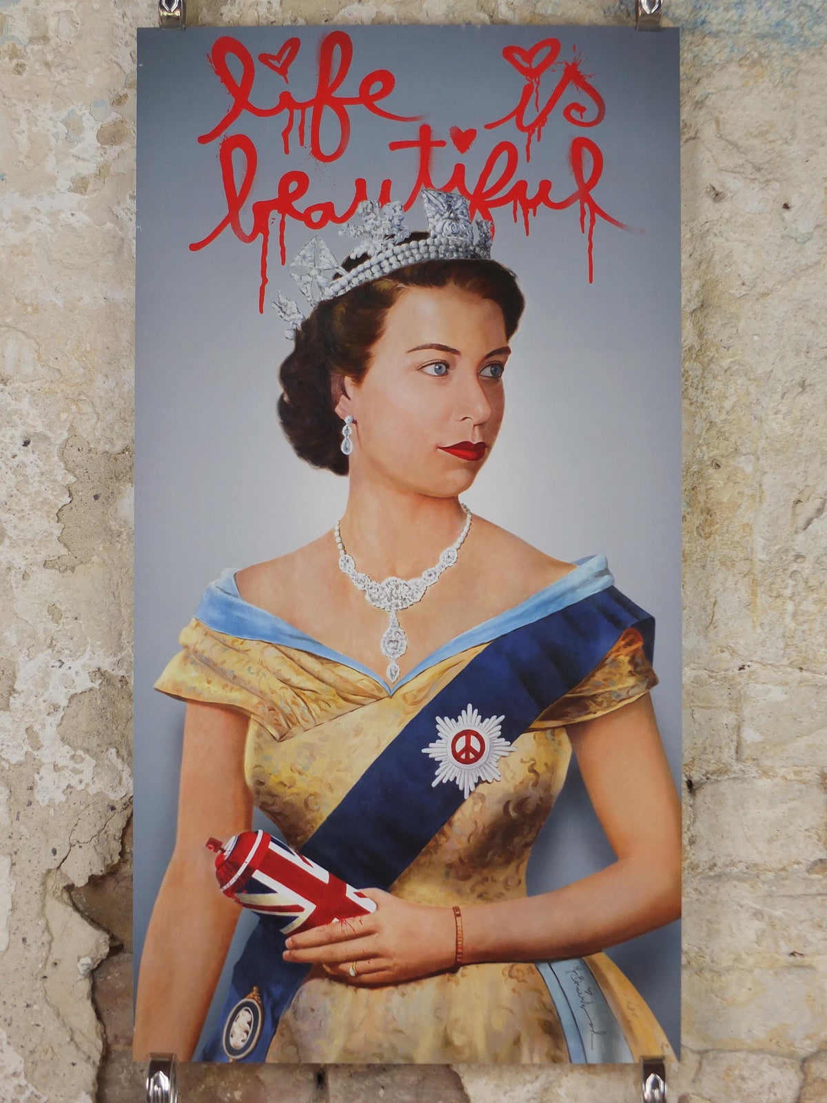 2012 Mr Brainwash Poster, Queen Elizabeth II with union flag spray can, Life is Beautiful, Pop Art exhibition, wall art decor