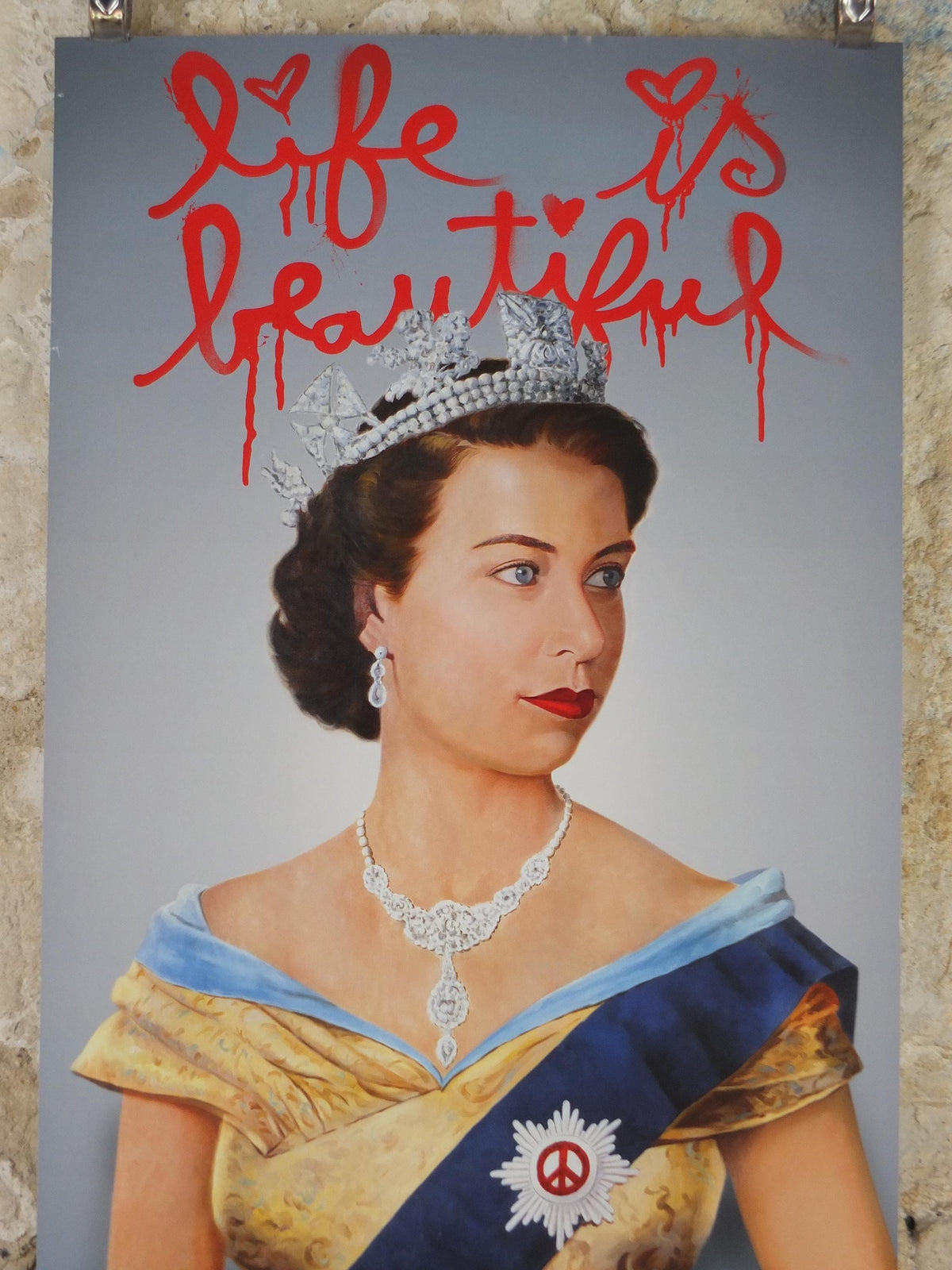 2012 Mr Brainwash Poster, Queen Elizabeth II with union flag spray can, Life is Beautiful, Pop Art exhibition, wall art decor