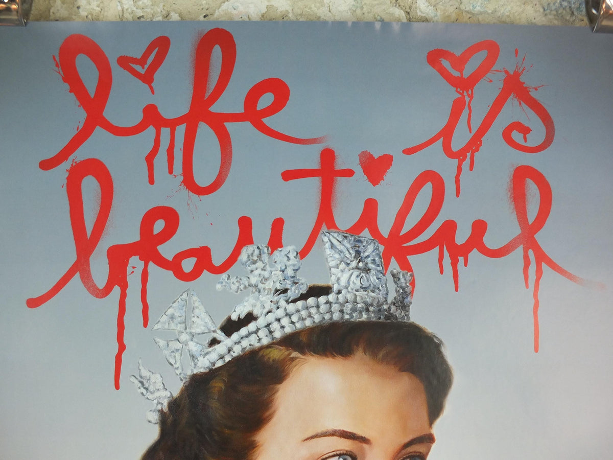 2012 Mr Brainwash Poster, Queen Elizabeth II with union flag spray can, Life is Beautiful, Pop Art exhibition, wall art decor