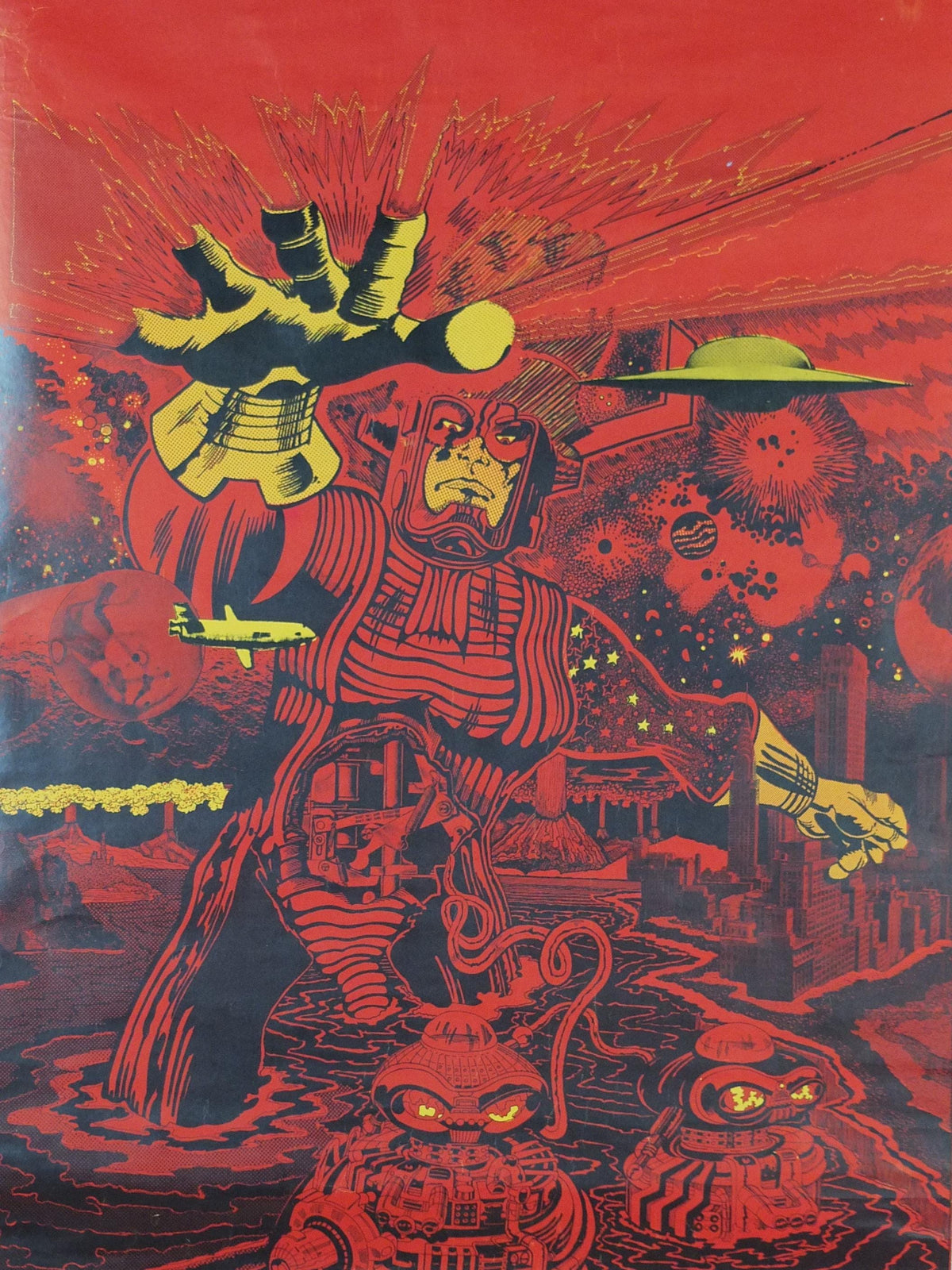 1970s Science Fiction Poster, Doomchaser, aliens, robots and UFOs in red, From Paper Tiger, fantasy and scifi wall art decor