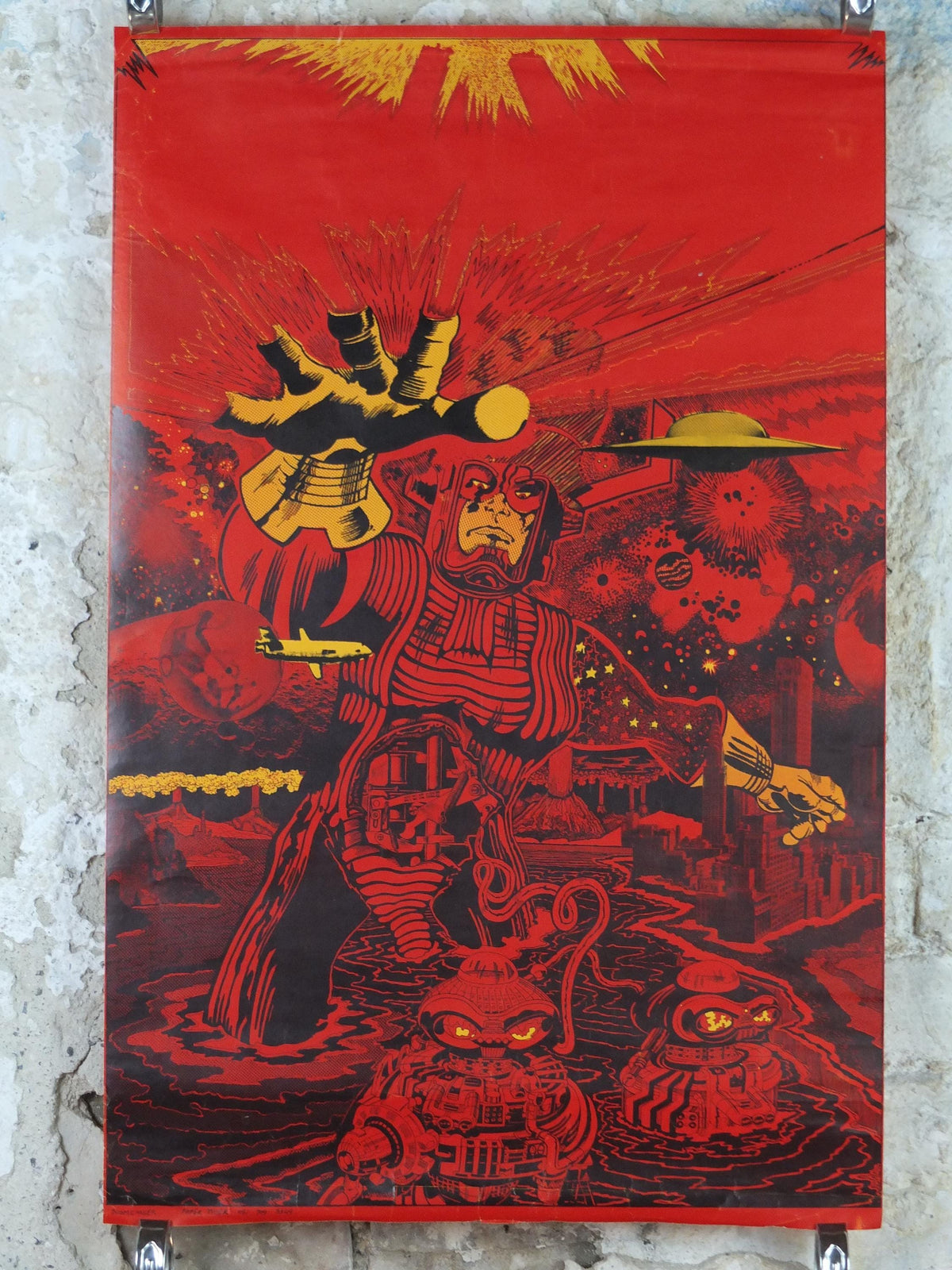 1970s Science Fiction Poster, Doomchaser, aliens, robots and UFOs in red, From Paper Tiger, fantasy and scifi wall art decor