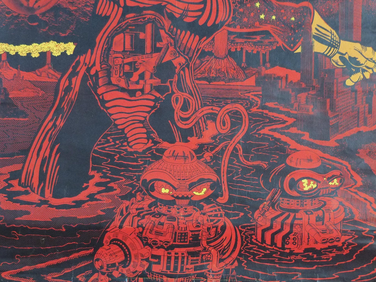 1970s Science Fiction Poster, Doomchaser, aliens, robots and UFOs in red, From Paper Tiger, fantasy and scifi wall art decor