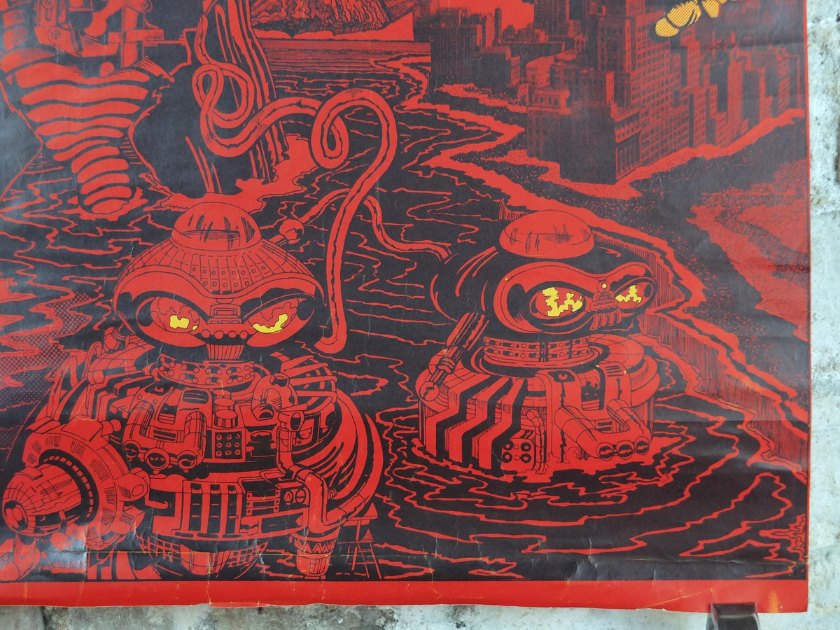 1970s Science Fiction Poster, Doomchaser, aliens, robots and UFOs in red, From Paper Tiger, fantasy and scifi wall art decor