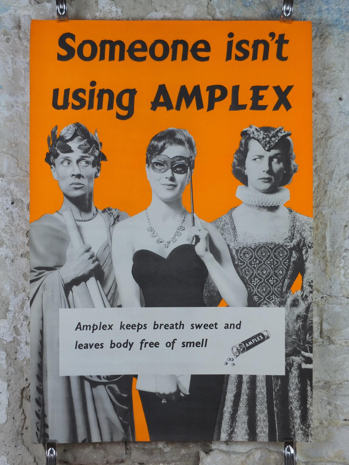 London Underground Tube Poster, Masquerade, Someone isn't using Amplex, deodorant advertising, wall art retro 1970s decor
