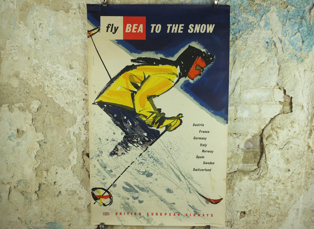 1957 BEA Snow Travel Poster, British European Airlines, Andre Amstutz, skier down a powdery white mountain, airline travel wall art decor