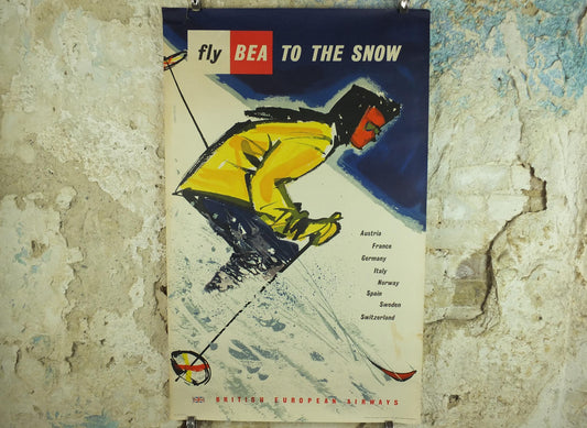 1957 BEA Snow Travel Poster, British European Airlines, Andre Amstutz, skier down a powdery white mountain, airline travel wall art decor