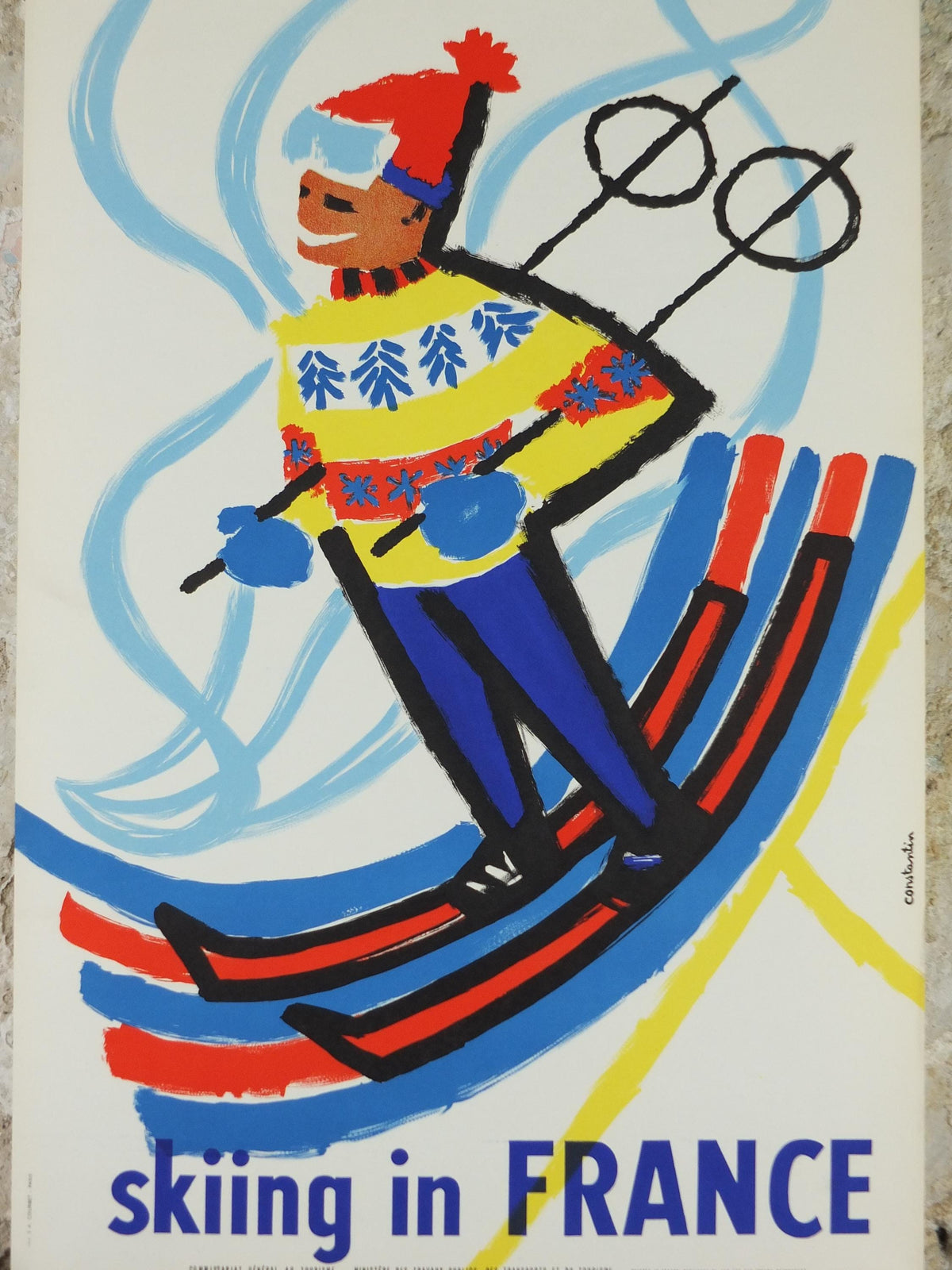 1959 Skiing in France Poster, Skier glides down a powdery white mountain, by Constantin, travel wall art decor