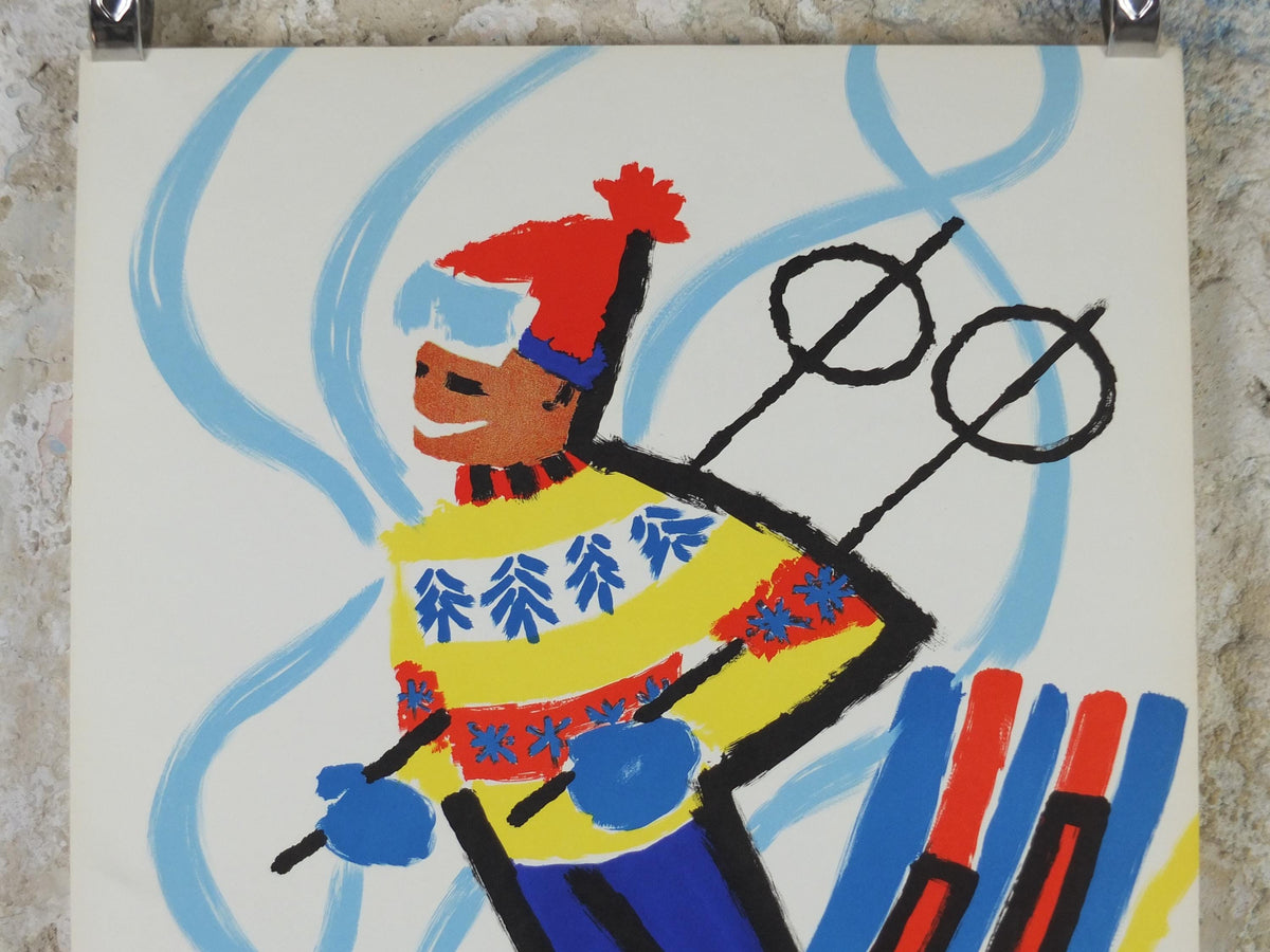 1959 Skiing in France Poster, Skier glides down a powdery white mountain, by Constantin, travel wall art decor