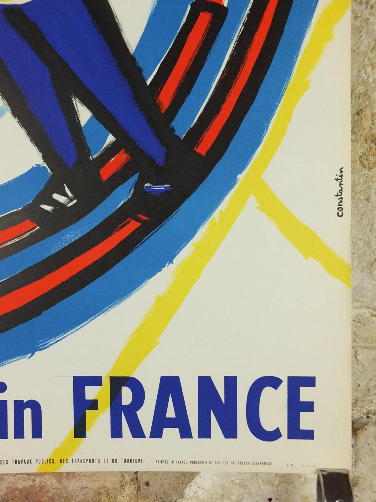 1959 Skiing in France Poster, Skier glides down a powdery white mountain, by Constantin, travel wall art decor
