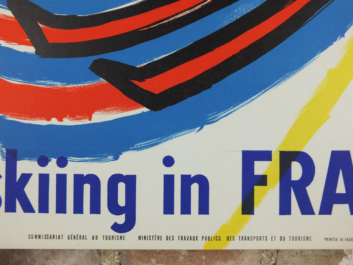1959 Skiing in France Poster, Skier glides down a powdery white mountain, by Constantin, travel wall art decor