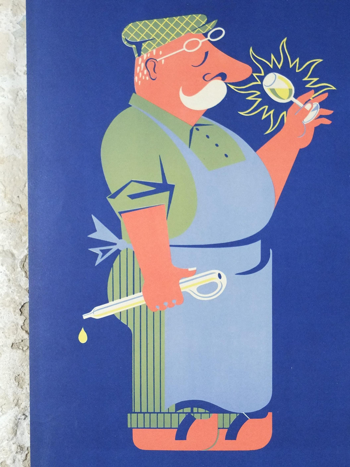 1950s French Wine Poster, Productions René Médeville, by Alain Bourdier, wine tasting, deep blue viticulture kitchenalia wall art decor