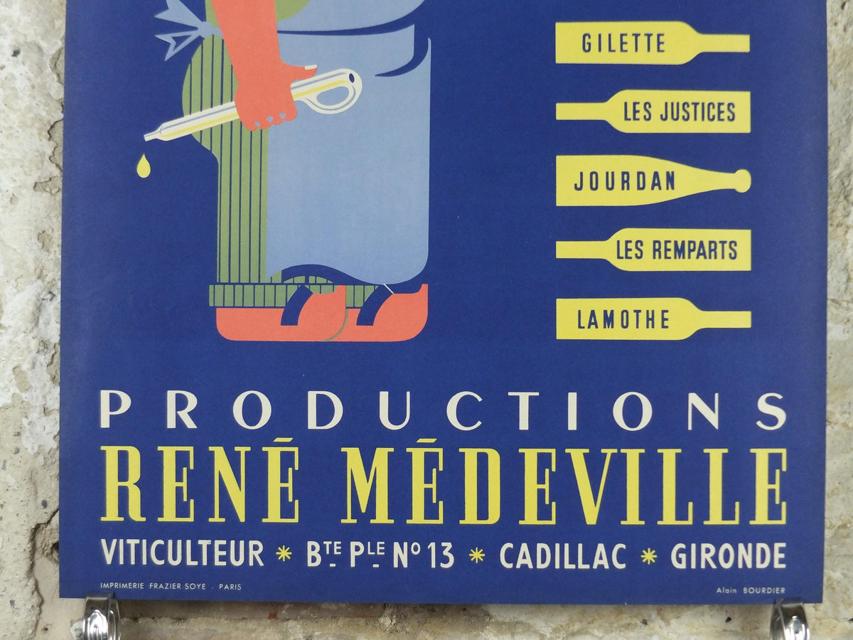 1950s French Wine Poster, Productions René Médeville, by Alain Bourdier, wine tasting, deep blue viticulture kitchenalia wall art decor