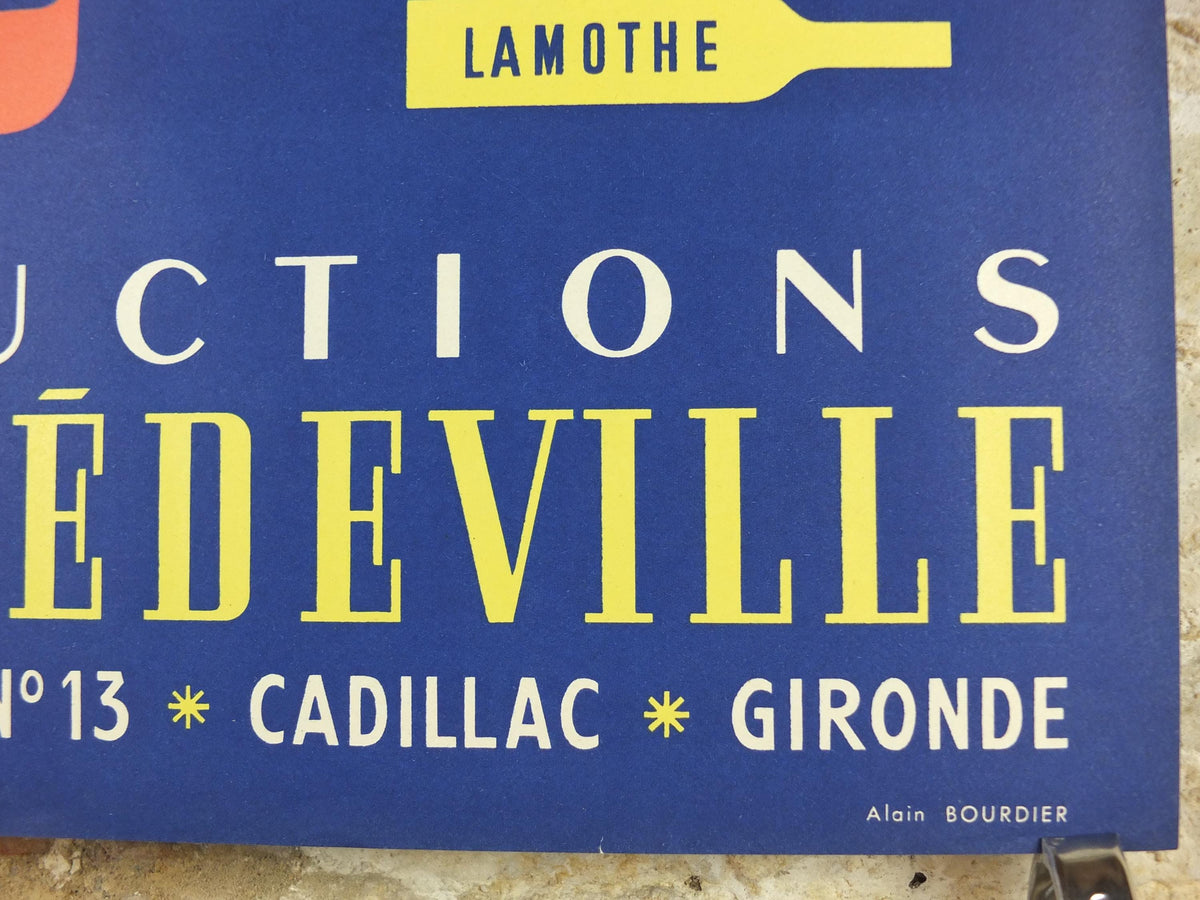 1950s French Wine Poster, Productions René Médeville, by Alain Bourdier, wine tasting, deep blue viticulture kitchenalia wall art decor
