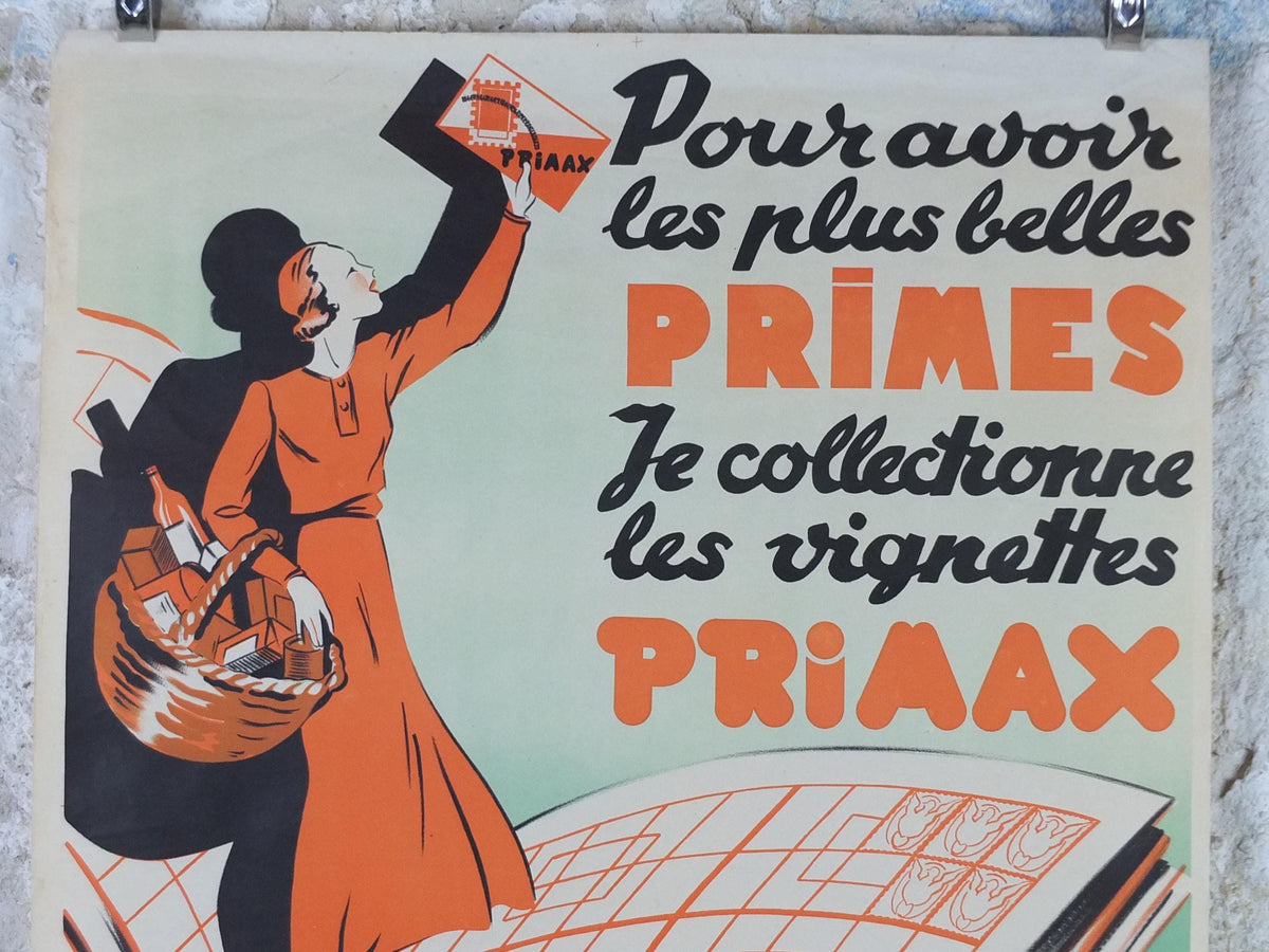 French Art Deco Poster, Elegant lady dressed in orange with shopping basket waving her Primax, Mid century advertising wall art decor