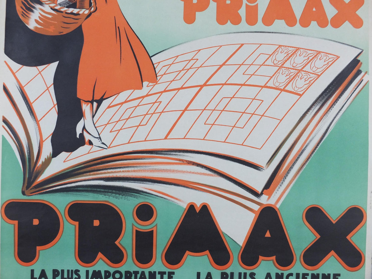 French Art Deco Poster, Elegant lady dressed in orange with shopping basket waving her Primax, Mid century advertising wall art decor
