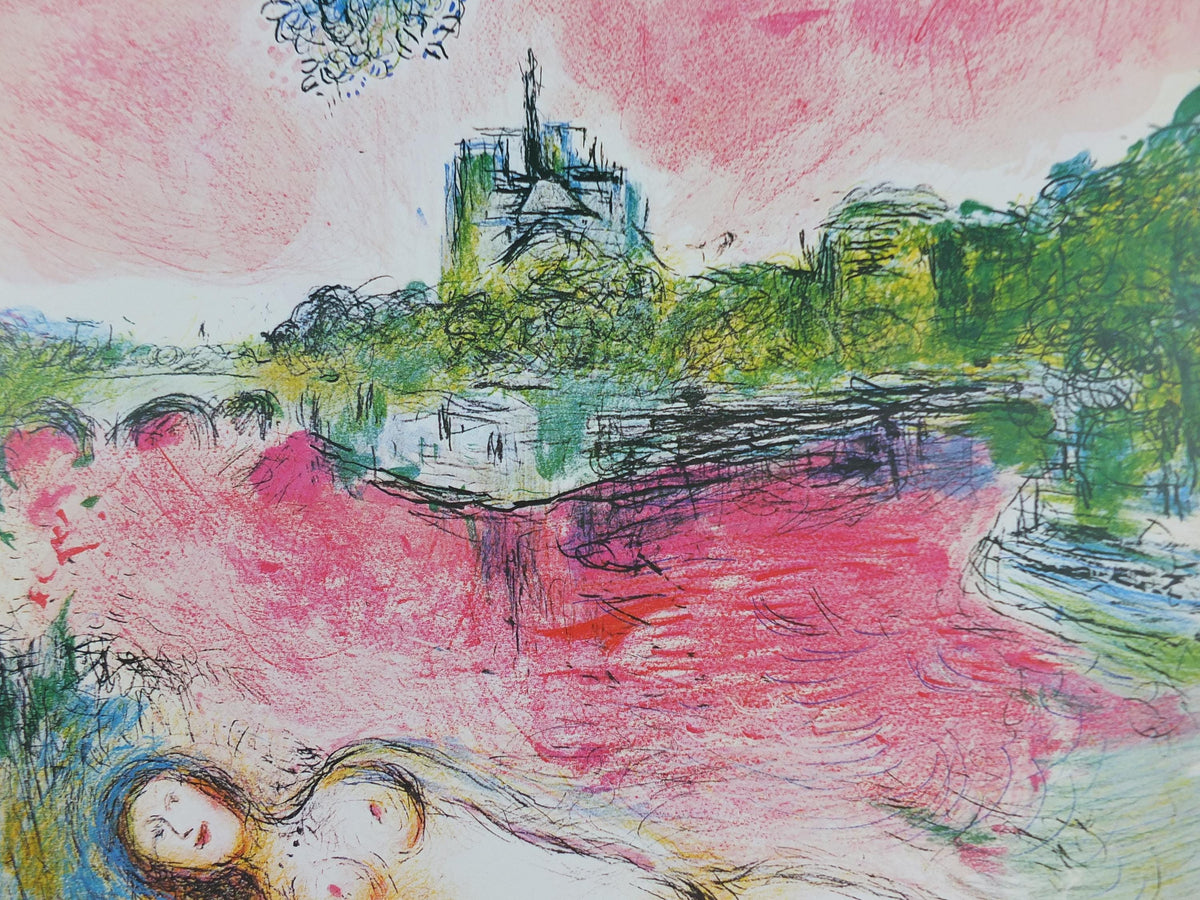 1981 Marc Chagall Poster, Pink Opera 1925, View of Notre Dame, Paris, Cubism and Expressionism, gallery exhibition, wall art decor