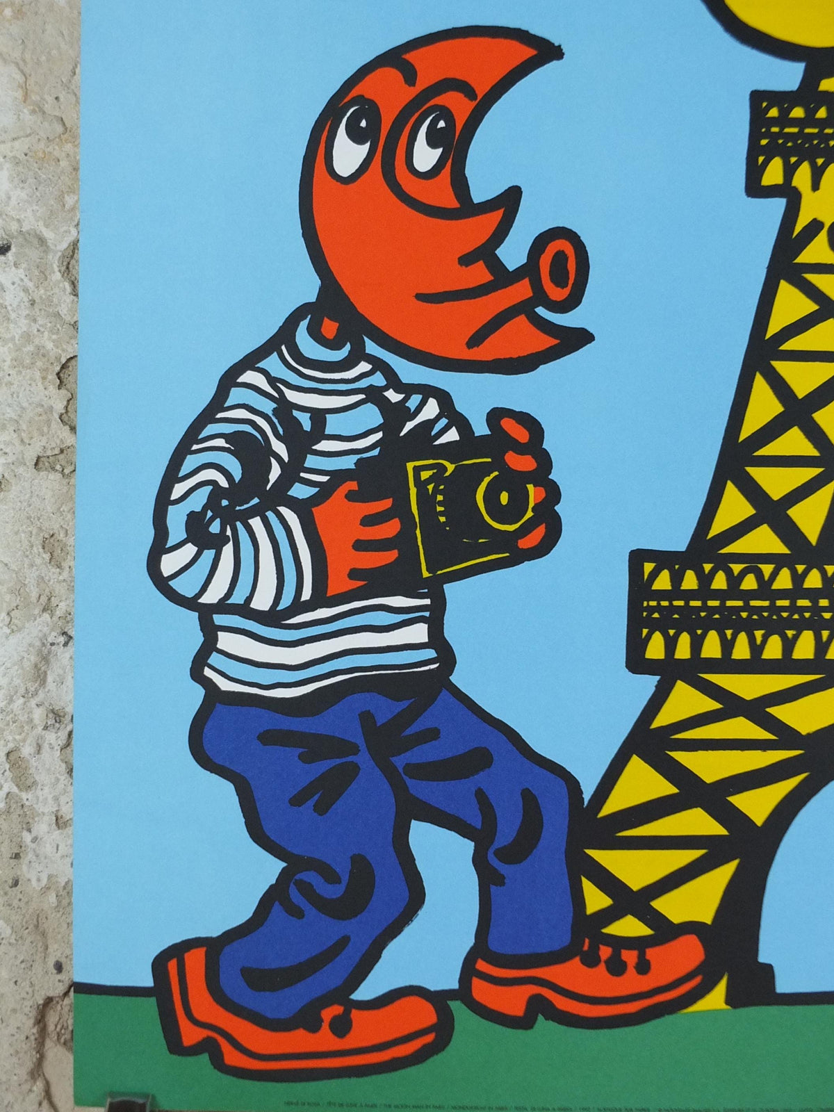 1992 Eiffel Tower Paris Poster, The Moon man in Paris by Hervé Di Rosa, Tete de lune a Paris, France wall art decor